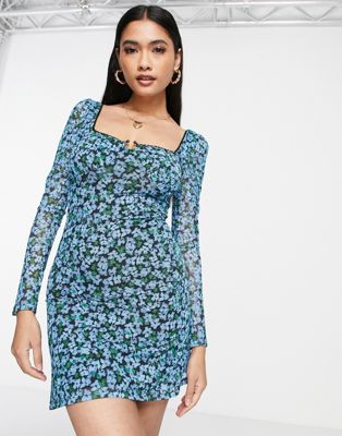 Topshop ring detail long sleeve mesh mini tea dress in multi - ASOS Price Checker