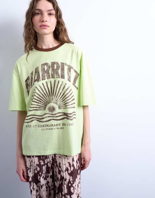 Topshop – Ringer-T-Shirt in Grün mit „Biarritz"-Print und Oversize-Schnitt, 4 von 4