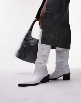 Topshop Rio Leather Western Style Knee High Boots In White Croc In White