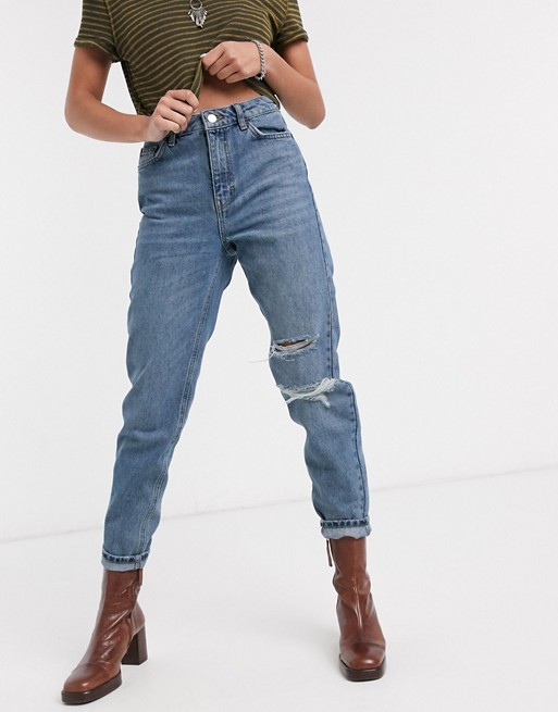 Topshop rip mom jeans in mid blue