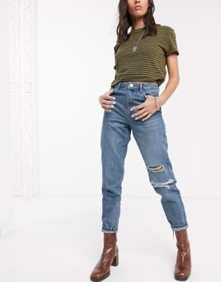 mid blue ripped mom jeans