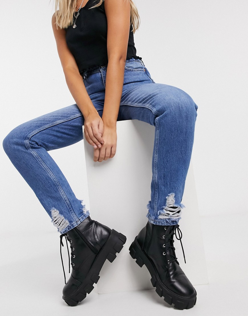 Topshop ripped hem mom jeans in mid wash blue-Blues