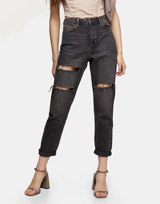 Topshop double knee rip mom jeans in washed black