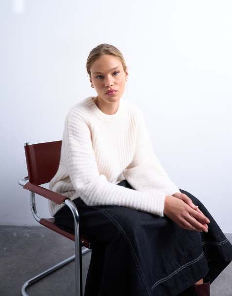 Topshop – Rippstrick-Pullover in Elfenbeinweiß mit Ballonärmeln - view 1