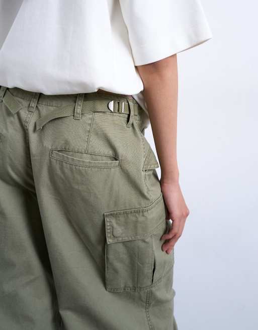 Topshop ripstop cargo pants with drawcord hem in khaki, 3 of 5