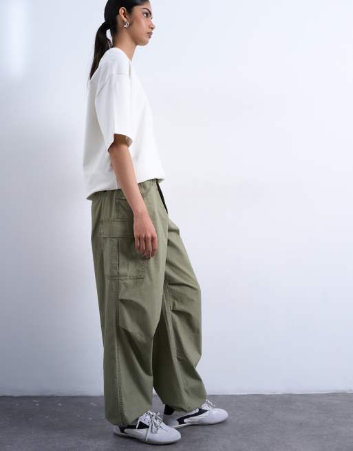Topshop ripstop cargo pants with drawcord hem in khaki, 4 of 5