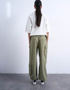 Model wearing Ripstop cargo trouser with drawcord hem in khaki