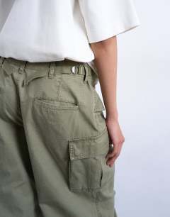 Model wearing Ripstop cargo trouser with drawcord hem in khaki