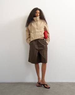 Model wearing Ripstop short with toggle detail in brown