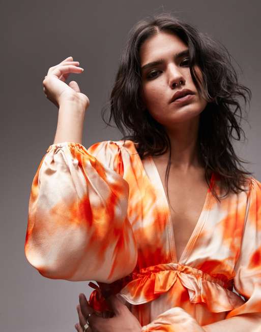 Topshop – Riviera – Orange batikmönstrad midiklänning med långa ärmar, 3 av 4