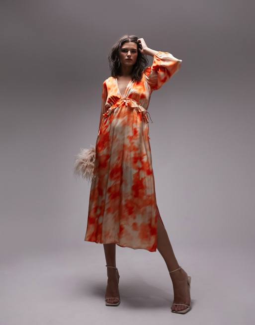 Topshop – Riviera – Pomarańczowa sukienka midi z długim rękawem i efektem tie-dye