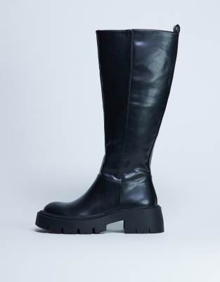 Topshop - Riya - Kniehohe Stiefel in Schwarz mit dicker Sohle