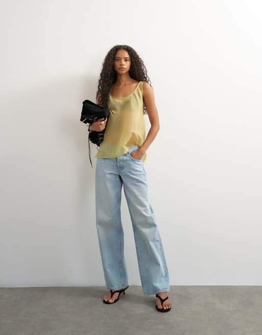 Topshop ærmeløs organza-top med dyb rund hals i dæmpet lime, 2 af 4