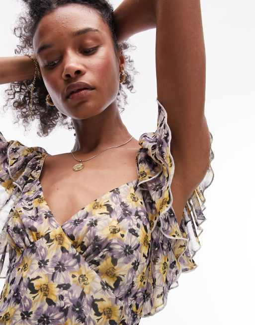 Topshop Robe a fleurs vintage et manches evasees Multicolore ASOS