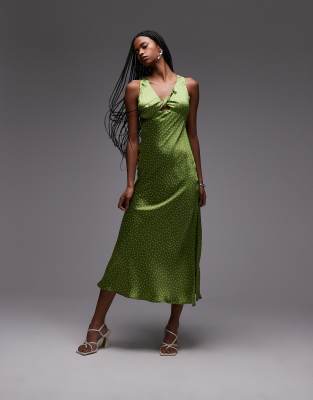 Topshop - Robe à pois mi-longue avec détail torsadé à l'avant - Olive-Vert