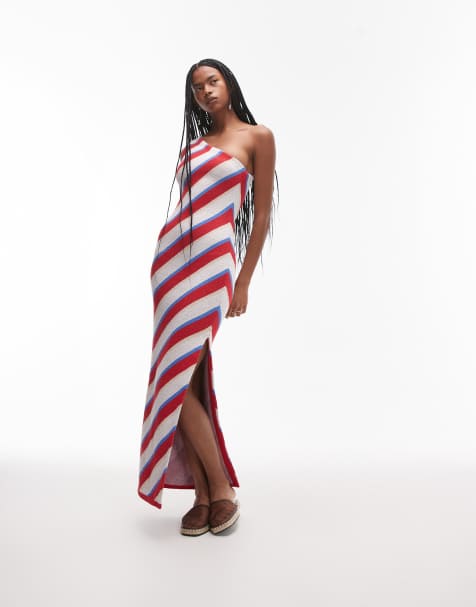 Topshop - Robe asymétrique longue en maille à rayures - Multicolore - view 1