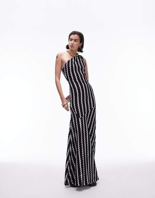 Topshop - Robe asymétrique mi-longue en maille crochetée avec fronces sur le côté - Noir et blanc 