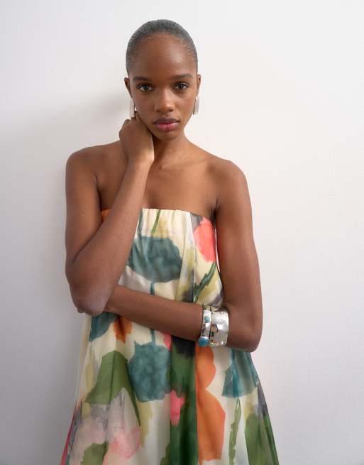 Topshop - Robe bandeau longue en organza effet superposé - Imprimé fleurs floues, 2 de 4
