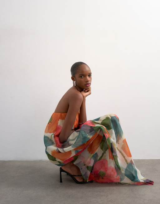 Topshop - Robe bandeau longue en organza effet superposé - Imprimé fleurs floues, 3 de 4