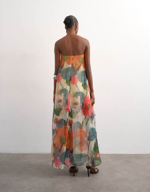 Topshop - Robe bandeau longue en organza effet superposé - Imprimé fleurs floues, 4 de 4