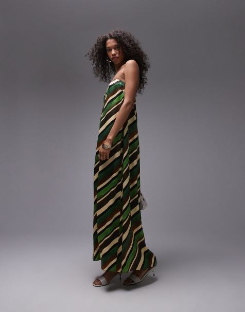 Topshop - Robe bandeau longue en satin - Vert à rayures - view 1