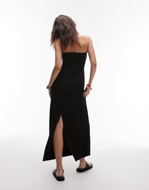 Topshop - Robe bandeau mi-longue en lin mélangé à larges coutures - Noir, 3 de 4