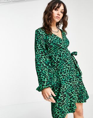 Robes Topshop - Robe cache-cœur à imprimé animal - Vert