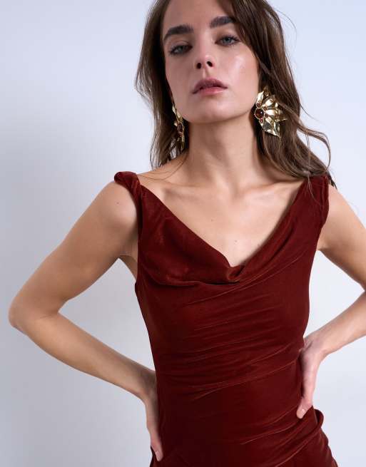 Topshop - Robe caraco courte en velours à bretelles torsadées - Tabac, 2 de 4