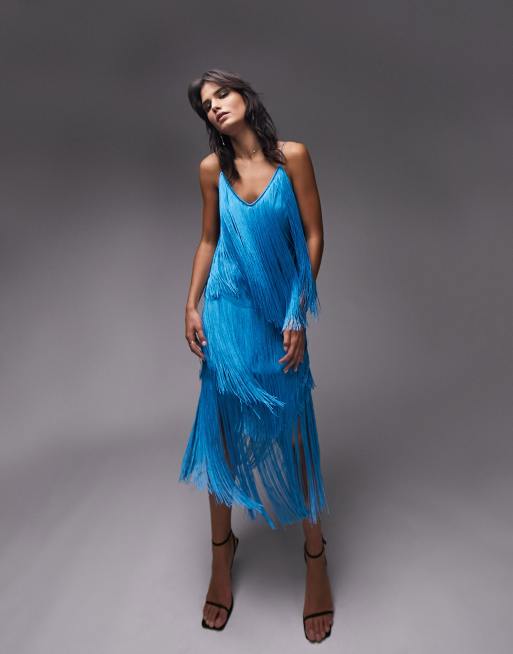 Topshop - Robe caraco mi-longue à franges - Bleu de cobalt