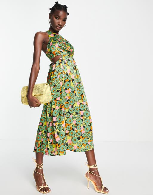 Topshop - Robe chasuble à découpe et motif fleurs - Multicolore