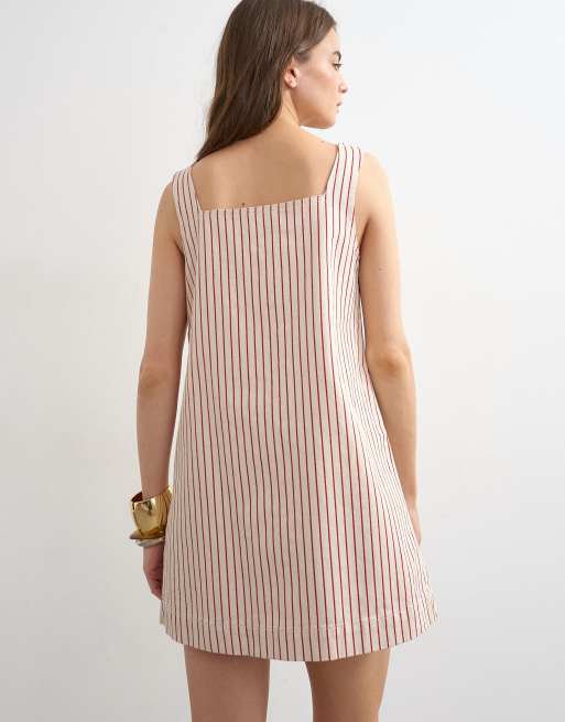 Topshop - Robe chasuble en denim rayé à encolure carrée - Écru/rouge, 4 de 4
