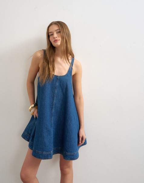 Topshop - Robe chasuble évasée en denim - Bleu intense - view 1