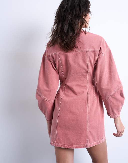 Topshop - Robe chemise boutonnée en denim à col montant - Rose, 2 de 4