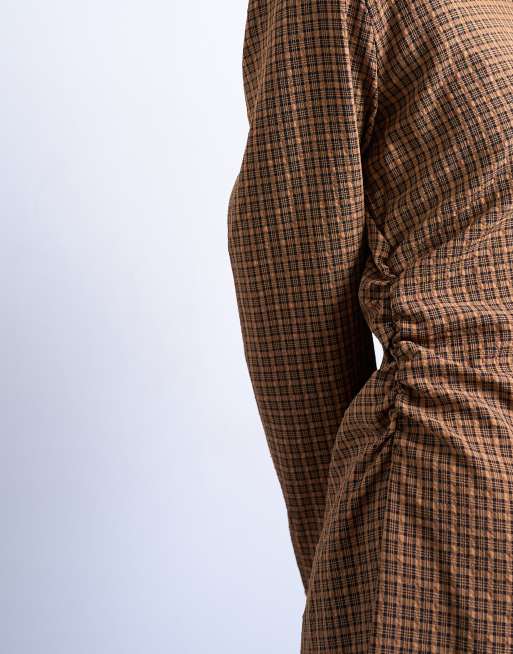 Topshop - Robe chemise cintrée sur le côté à petits carreaux - Marron, 2 de 4