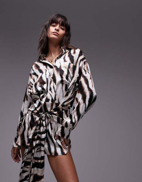 Topshop - Robe chemise courte à imprimé animal flou avec taille nouée - view 1