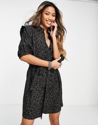 Robes casual Topshop - Robe chemise courte à imprimé animal - Noir