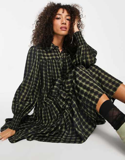 Topshop - Robe chemise courte effet étagé à carreaux - Kaki