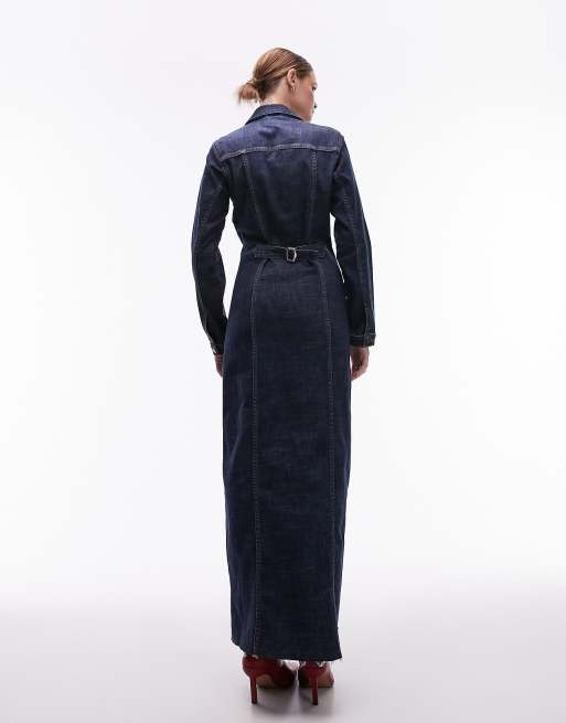 Topshop - Robe chemise longue en denim stretch - Indigo, 4 de 4