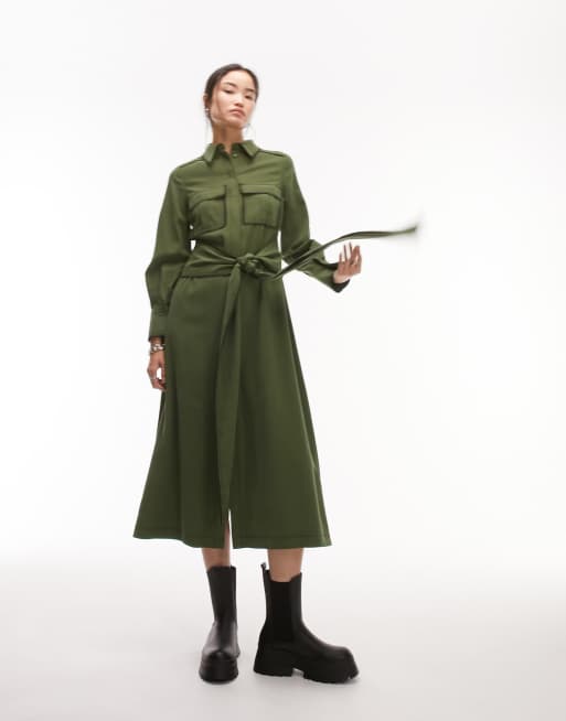 Topshop - Robe chemise mi-longue à surpiqûres - Kaki