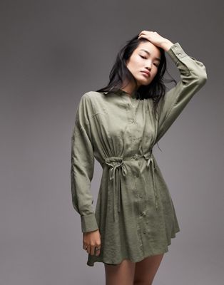 Topshop - Robe chemise nouée sur le côté à coutures contrastantes - Kaki | ASOS