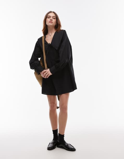 Topshop - Robe chemise oversize en popeline avec col - Noir - view 1