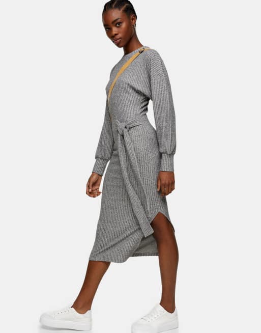 Topshop - Robe côtelée mi-longue nouée sur le côté à manches chauve-souris - Gris