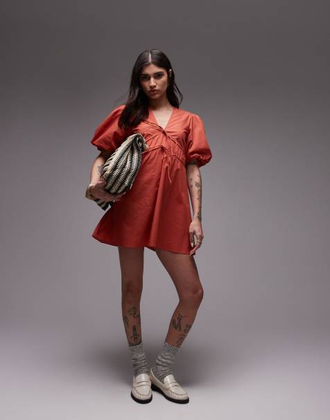 Topshop - Robe courte à col en V et manches bouffantes - Marron rouille - view 1