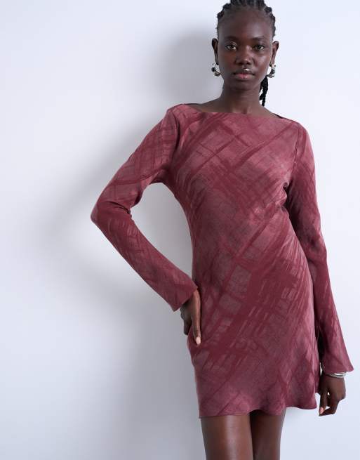 Topshop - Robe courte à encolure bateau en cupro jacquard de qualité supérieure - Bordeaux, 3 de 4