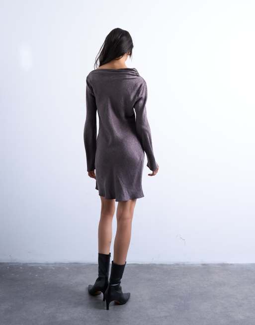 Topshop - Robe courte à encolure drapée en jacquard cupro - Mauve anthracite, 2 de 4