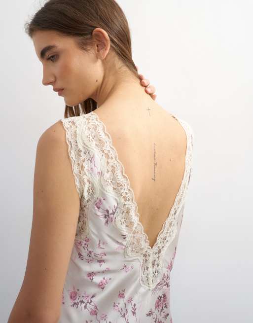 Topshop - Robe courte à fleurs avec empiècement en dentelle et taille nervurée - Rose, 3 de 4