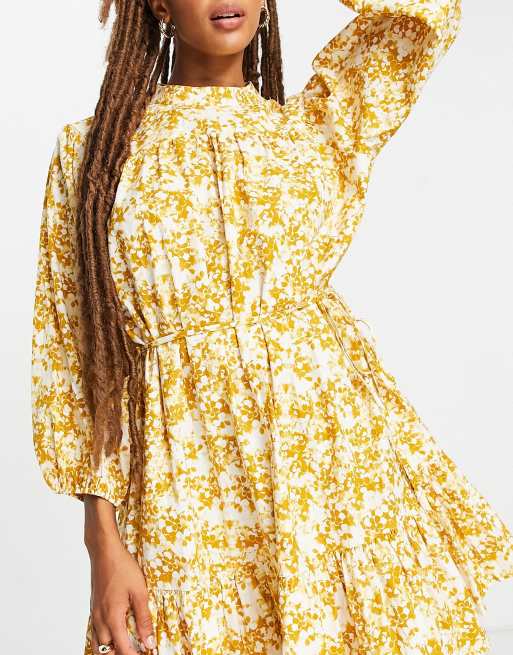 Topshop - Robe courte à manches longues avec ceinture et imprimé floral - Moutarde, 2 de 4