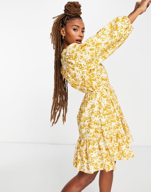 Topshop - Robe courte à manches longues avec ceinture et imprimé floral - Moutarde, 3 de 4