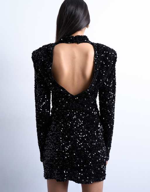 Topshop - Robe courte à manches longues en velours à sequins avec épaulettes - Noir, 4 de 4