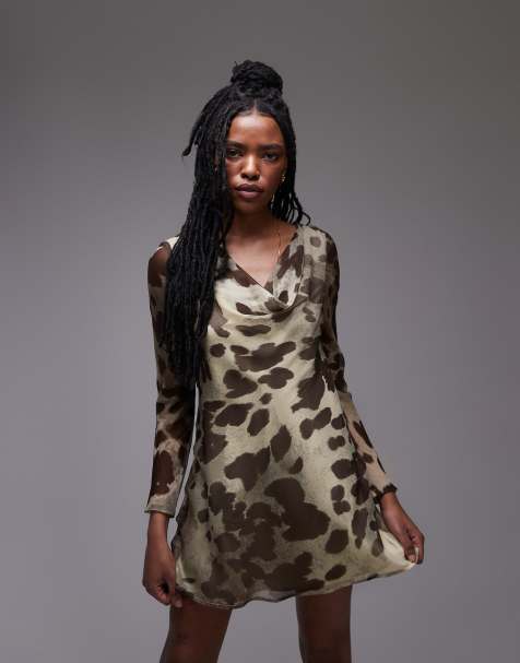 Topshop - Robe courte à manches longues et col bénitier - Animal flouté - view 1